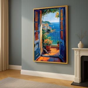 Mediterranean Sea View Canvas, Open Balcony Door Wall Art, Coastal Landscape Painting, Floral and Cat Decor, Sunny Seaside Ready to Hang,