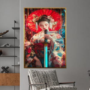 Geisha Warrior Canvas – Samurai Woman Art with Red Umbrella, Kimono Wall Decor, Flower Samurai Poster, Ready to Hang Unique Print