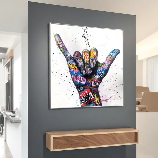 Banksy Victory Sign Painting - Handcrafted Graffiti Canvas Art for Modern Home Decor, Unique Street Art Gift