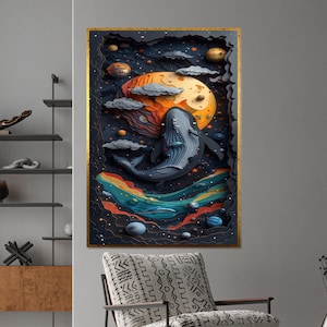Lienzo de ballena cósmica, arte mural de ballena espacial, póster de océano celestial, diseño de lienzo para pared, decoración lista para colgar