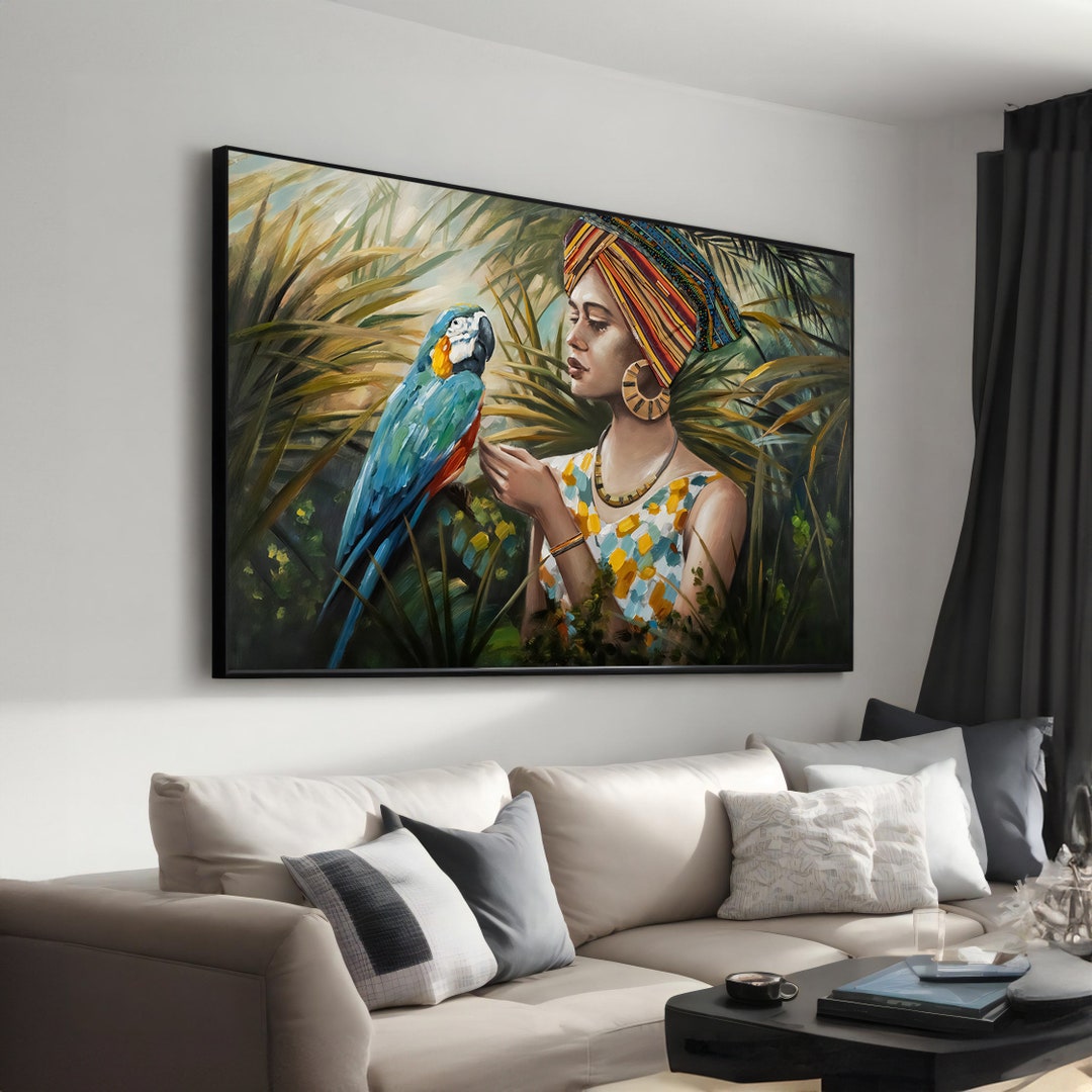 Lady in Jungle With Blue Parrot Canvas Art Ethnic Beauty Woman Wall ...