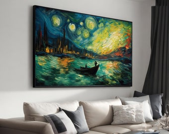 Painting Boat Seascape at Starry Night - Artisan Inspired Wall Art Canvas - Home Decor Wall Hanging - Artistic Housewarming Gift
