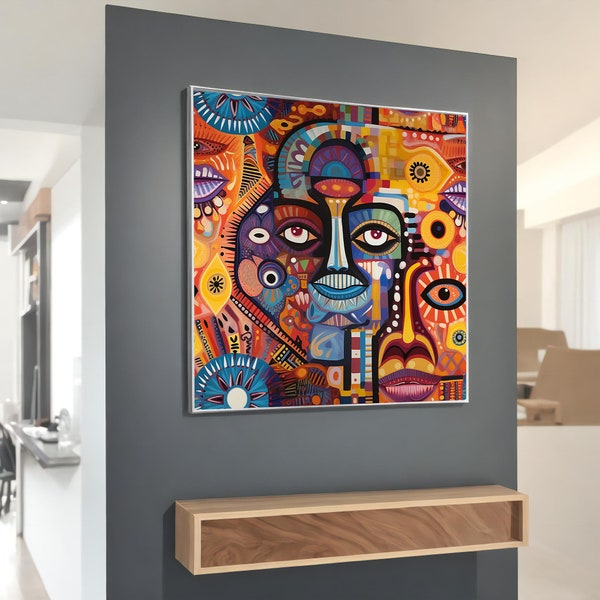 Colorful Faces Canvas Painting, Vibrant Street Art Wall Decor, Artistic Home Accent, Unique Art Gift