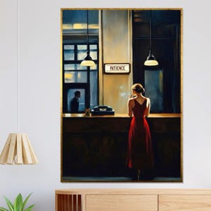 Woman in Red Dress Canvas, Retro Bar Scene Print, Elegant Canvas Design, Ready to Hang Decor, Waiting Lady Artwork
