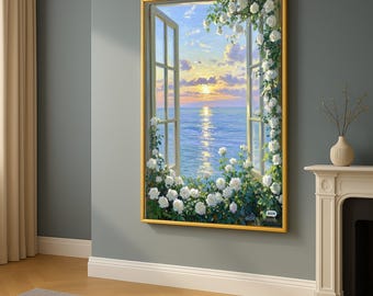 Serene Ocean Sunset Canvas, Open Window View Canvas, White Rose Garden Wall Art, Coastal Floral Canvas, Tranquil Sea Ready to Hang,