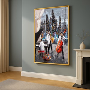 Jazz Trio Leinwanddruck - Stadt Skyline Wandkunst, elegante Musiker Malerei, moderne Wanddekoration, fertig zum Aufhängen