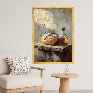 Rustic Bread and Olive Canvas, Kitchen Wall Art Decor, Still Life Canvas Painting, Home Dining Room Decoration, Country Style Ready to Hang,