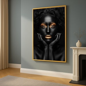 Striking Black and Gold Face, Modern Portrait Canvas, Abstract Beauty Wall Art, Glamorous Makeup Canvas, Home Decoration Ready to Hang,