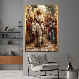 Palm Sunday Jesus Canvas, Jesus on Donkey Art, Jesus Triumphal Entry into Jerusalem Print, Christian Wall Decor, Holy Week Canvas Painting