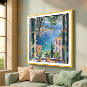Mediterranean Window View Canvas Print – Coastal Town Wall Art, Colorful Wall Decor, Seaside Painting, Ready to Hang Wall Decoration
