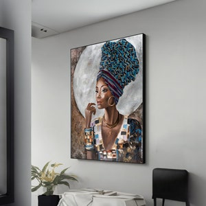 Afro American Woman Art – Blue Hood Portrait Canvas, Cultural Wall Decor, Elegant Handmade Gift for Stylish Home Interiors