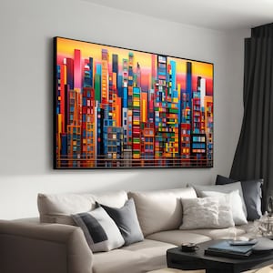 Colorful Geometric Cityscape Canvas Wall Art – Modern Abstract Urban Painting, Stylish Home & Office Decor, Gift for Architecture Lovers