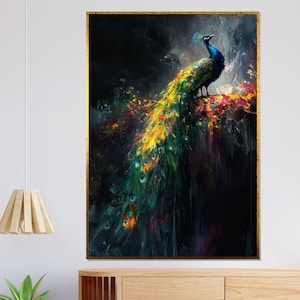 Tela raffigurante un pavone maestoso, arte di uccelli colorati, stampa murale raffigurante un pavone, poster di animali, design da parete su tela, decorazione pronta da appendere