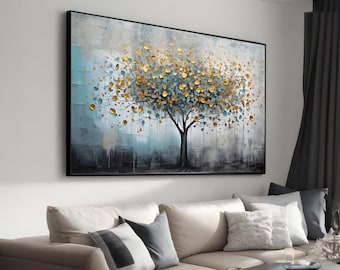 Blue and Gold Leafed Tree Painting, Luxurious Botanical Wall Art, Elegant Canvas Decor for Home, Unique Housewarming Gift
