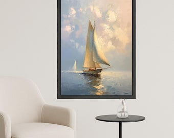 Tranquil Sailing Boat Canvas, Seascape Wall Art, Nautical Decor, Ocean Sunset Painting, Serene Water Canvas, Coastal Wall Ready to Hang