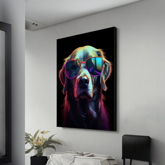 カラフルな犬の絵画 メガネ付き 絵画 カラフルな犬