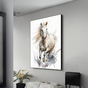 White Running Horse Canvas – Majestic Animal Wall Art, Elegant Home Decor, Unique Gift Idea for Horse Lovers and Equestrian Fans