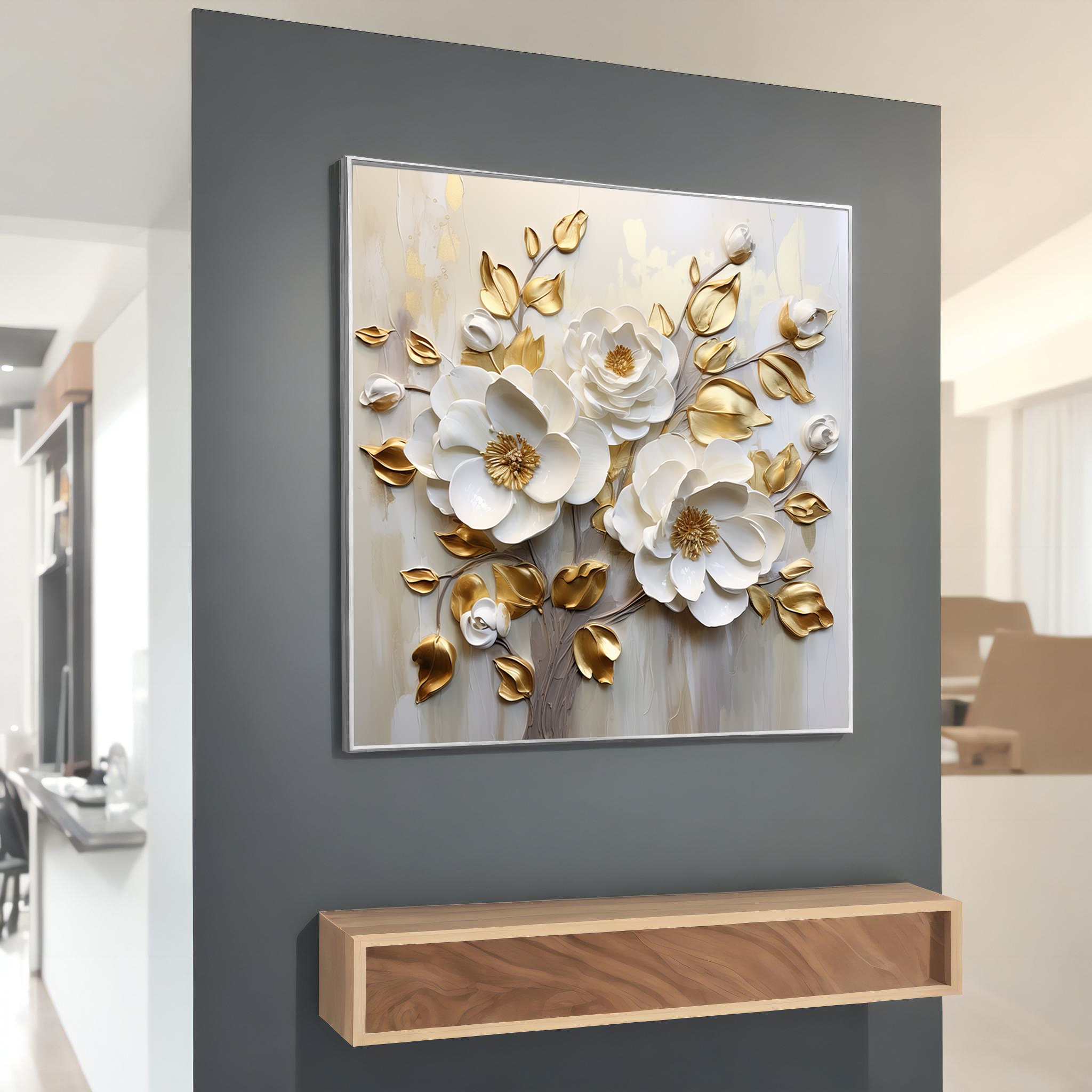 White Gold Leaf Flowers Canvas Art, Luxurious Elegant Wall Decor, Perfect for Sophisticated Home Accents & Housewarming Gifts