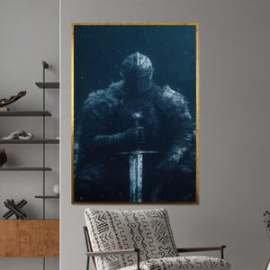 Knight in Armor Canvas, Dark Warrior Print, Medieval Canvas Art, Wall Art Canvas Design, Ready to Hang Decoration