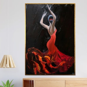 Flamenco Dancer Canvas, Red Dress Art, Elegant Dance Wall Art, Flamenco Passion Canvas Design, Ready to Hang Spanish Dancer Print