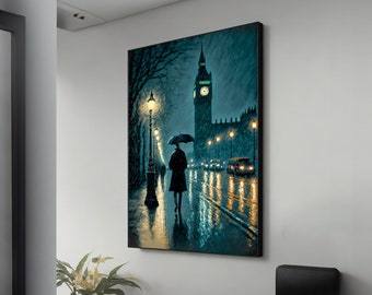Rainy London Walk Canvas – Man in Rain Scene, City Wall Art, Travel-Inspired Gift for Urban Home or Office Decor