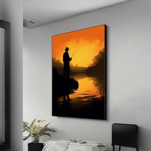 Sunset Fishing Canvas – Serene Fisherman Painting, Peaceful Landscape Wall Art, Great Gift for Nature & Outdoor Lovers
