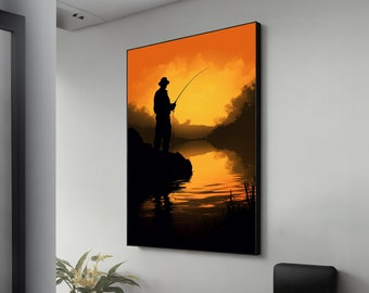 Sunset Fishing Canvas – Serene Fisherman Painting, Peaceful Landscape Wall Art, Great Gift for Nature & Outdoor Lovers