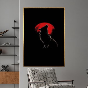 Howling Wolf Art, Red Moon Canvas, Animal Wall Art, Wolf Silhouette Print, Wall Art Canvas Design, Ready to Hang Decoration