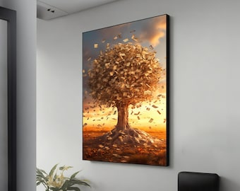 Golden Coin Tree Canvas Art, Luxury Money-Themed Flowers Wall Decor for Office & Home, Unique Gift