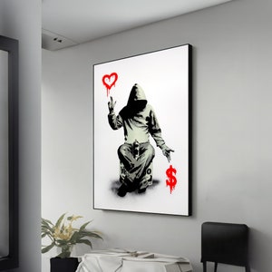 Banksy Heart & Money Painting - Street Art Canvas, Unique Graffiti Wall Decor, Perfect Gift for Home or Art Lovers