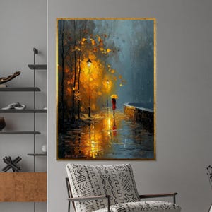 Rainy Night Walk Canvas – Golden Glow Umbrella Art, Abstract Autumn Street Scene & Ready-to-Hang Cozy Wall Decoration