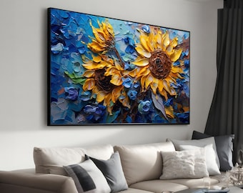 Large Sunflower Painting on Canvas, Vivid Blue Background Botanical Wall Art, Perfect Home Decor Gift