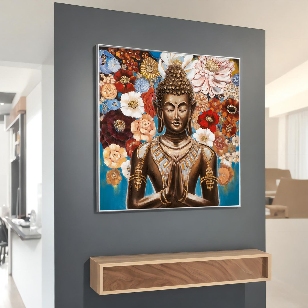 Buddha With Flowers Painting Zen Yoga Wall Art on Canvas, Asian ...