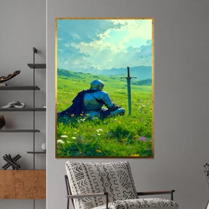Knights Rest Leinwand, Mittelalterliche Krieger Kunst, Serene Field Wanddruck, Ritter Schwert Poster, Wand Kunst Canvas Design, fertig zum Aufhängen
