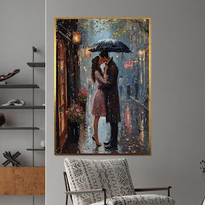 Romantic Rainy Kiss Canvas – Couple Under Umbrella Wall Art, City Love Scene, Ready to Hang, Perfect Gift for Couples & Home Decor