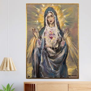 Sacred Heart Virgin Mary Canvas, Religious Wall Art, Spiritual Painting, Holy Mother Print, Ready to Hang Christian Decor