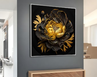 Black and Gold Peony Flower Canvas – Elegant Floral Wall Art for Living Room or Bedroom, Luxury Botanical Decor, Ready to Hang Gift Idea