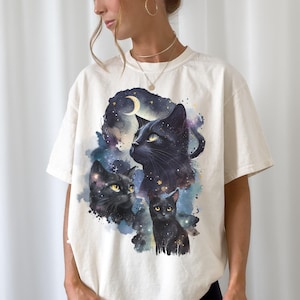 天空の猫の女性のシャツ、90年代のヴィンテージ黒猫のTシャツ、レトロなギャラクシーグラフィックTシャツ、ハードなウィアードコアのアグリーシャツ、ハロウィンの猫のギフト