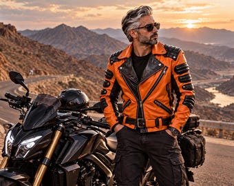 May include: A vibrant orange and black leather motorcycle jacket with quilted shoulder and arm padding, silver zippers, and a buckled waist belt, worn over a black shirt with dark cargo pants and a wristwatch.