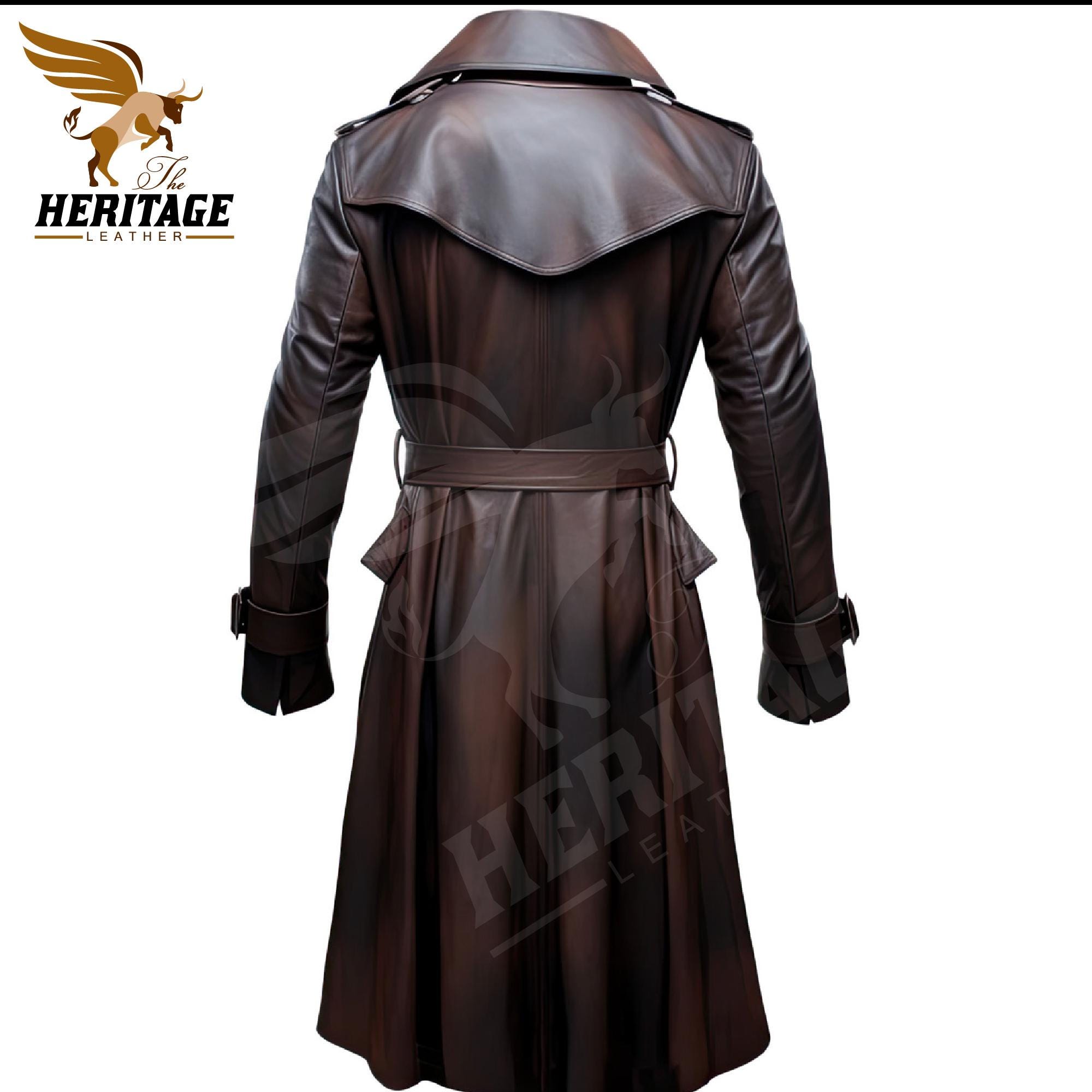 メンズブラウンレザートレンチコート：本牛革バイカーバイクジャケット