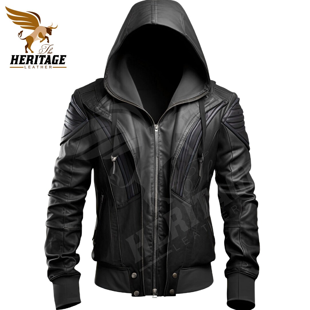 Men's Black Cowhide Leather Biker Jacket: Hooded Motorcycle Jacket