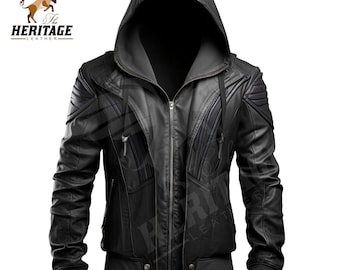 May include: Black leather jacket with a zipper closure and a large hood. The jacket has a quilted design on the shoulders and sleeves.