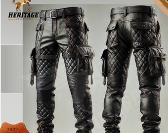Gothic Quilted Leather Biker Pants: Rugged Cowhide Cargo Combat Trousers