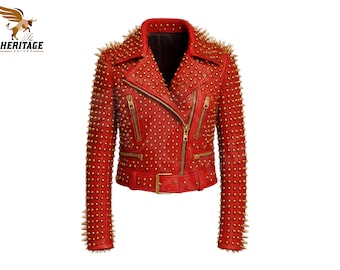 Red Leather Studded Brando Jacket: Gold Spikes, Punk Rock Style