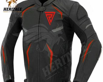 Men's Black Cowhide Leather Motorcycle Jacket | Red Accent Armored Biker Jacket