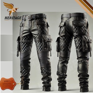 Gothic Leather Pants, Black Cowhide Quilted Cargo Biker Style