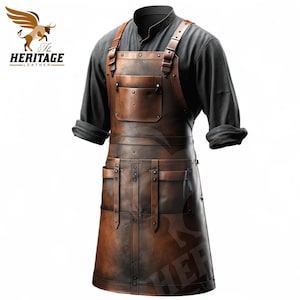 May include: A brown leather apron with multiple pockets and straps. The apron has a distressed look and is made of thick, durable leather.