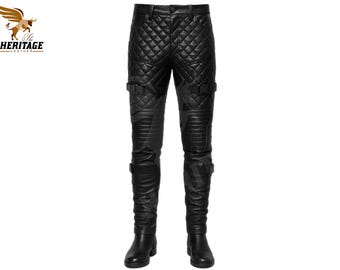 Gothic Quilted Leather Biker Pants: Rugged Cowhide Warrior Combat Style