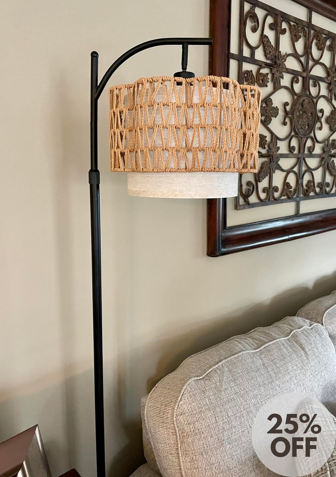 Rattan Boho Floor Lamp, Arc Floor Lamps, Black Floor Standing Lamp ...
