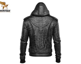 Handmade Black Crocodile Embossed Leather Jacket With Hood | Mens